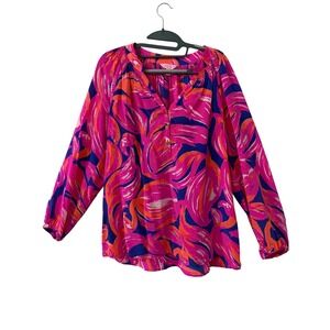 Lilly Pulitzer Elsa Silk Top Feathered Friends Flamingo Pink Orange Blue Large